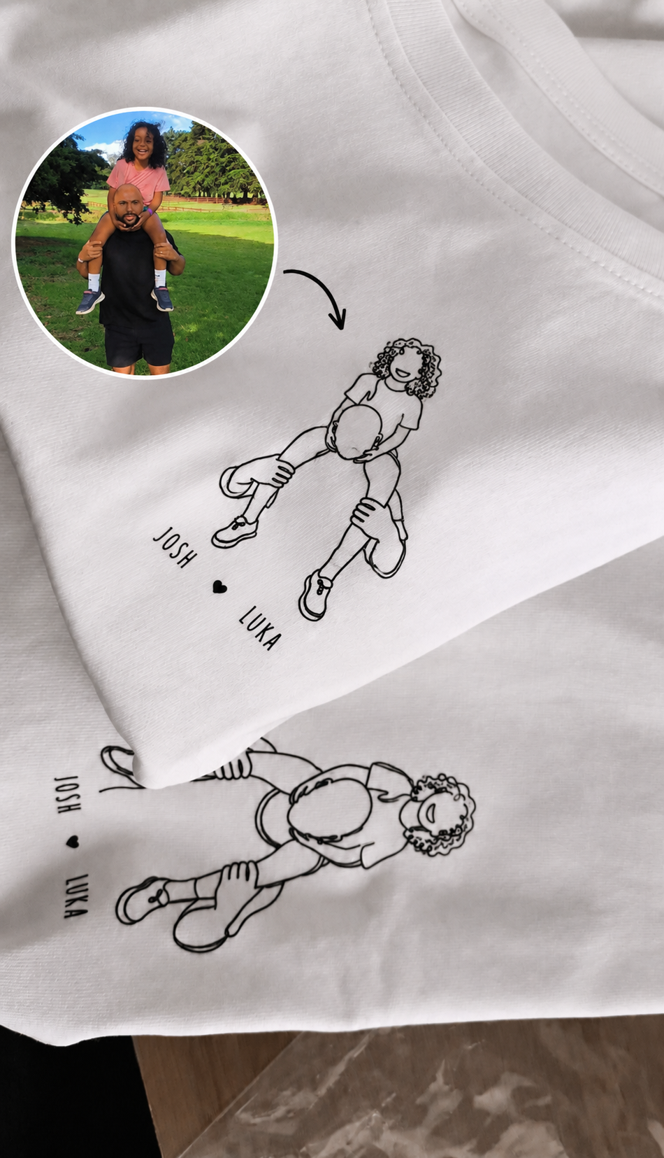 Mamá e hijo con camiseta personalizada de arte en una línea