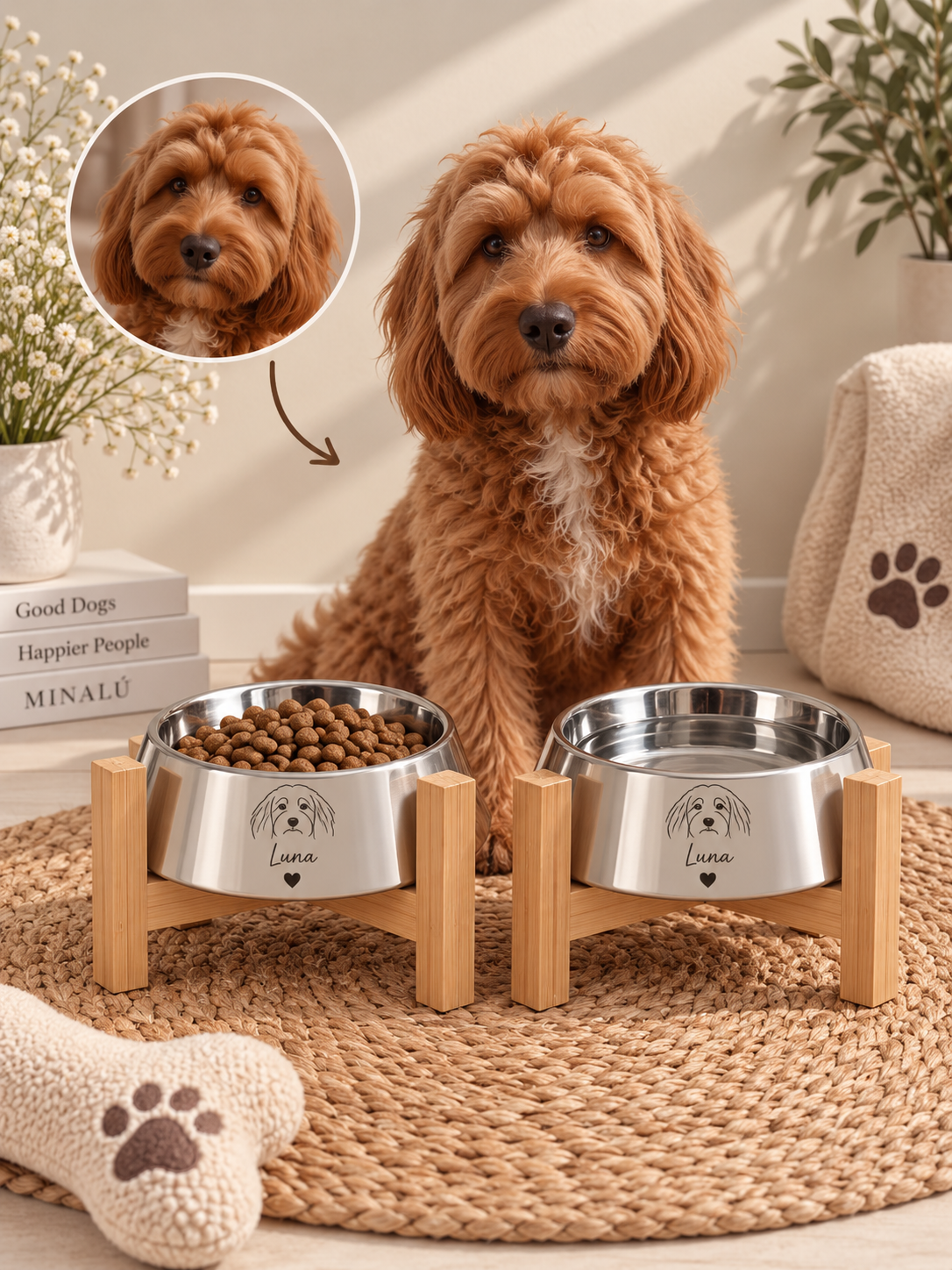 Kit comedero personalizado para mascota con diseño de arte en una línea